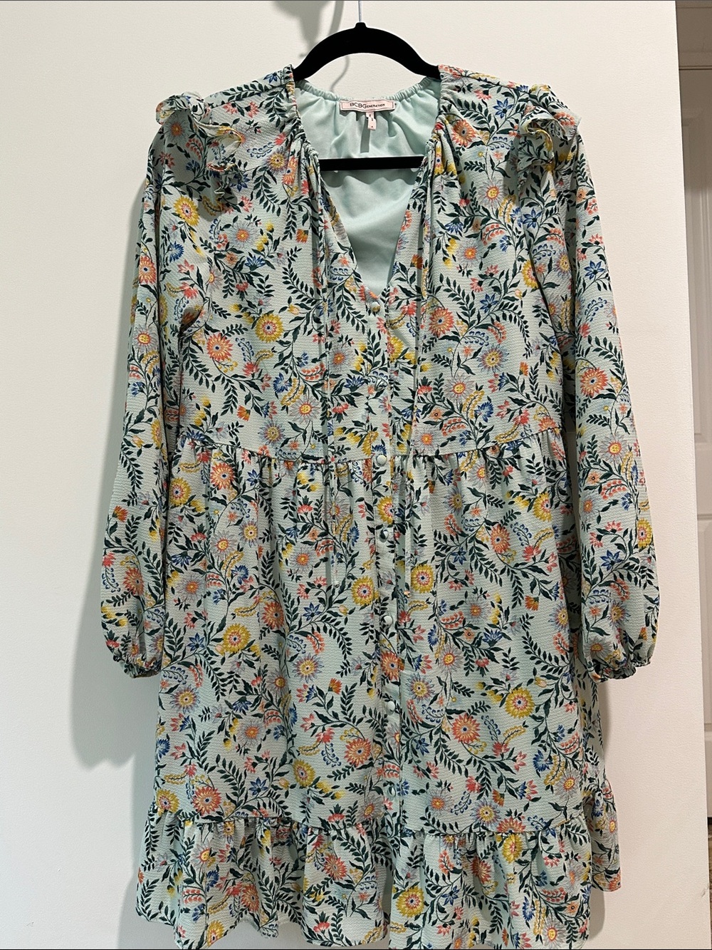 BCBGeneration Floral Tie-Neck Long Sleeve Dress in Pastel Multi